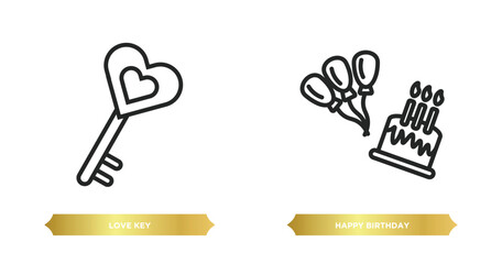 two editable outline icons from birthday and party concept. thin line icons such as love key, happy birthday vector.