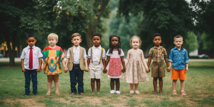 Generative AI, children of different races and nationalities hold hands in the park, diversity, friendship, european, black, asian, kids, kindergarten, child, friends, team, playground