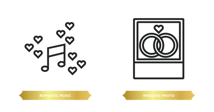 two editable outline icons from birthday and party concept. thin line icons such as romantic music, wedding photo vector.