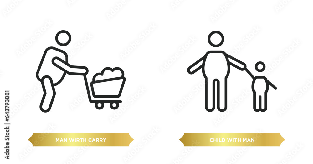 Poster two editable outline icons from behavior concept. thin line icons such as man wirth carry, child wit