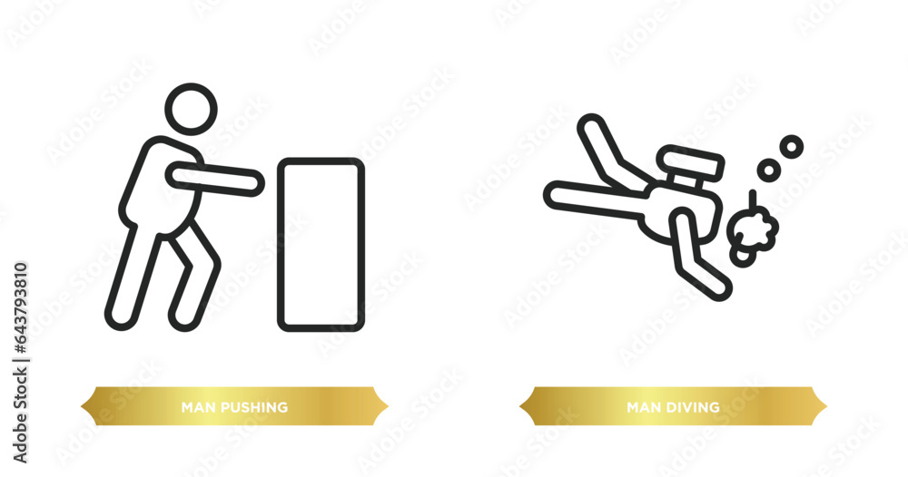 Poster two editable outline icons from behavior concept. thin line icons such as man pushing, man diving ve
