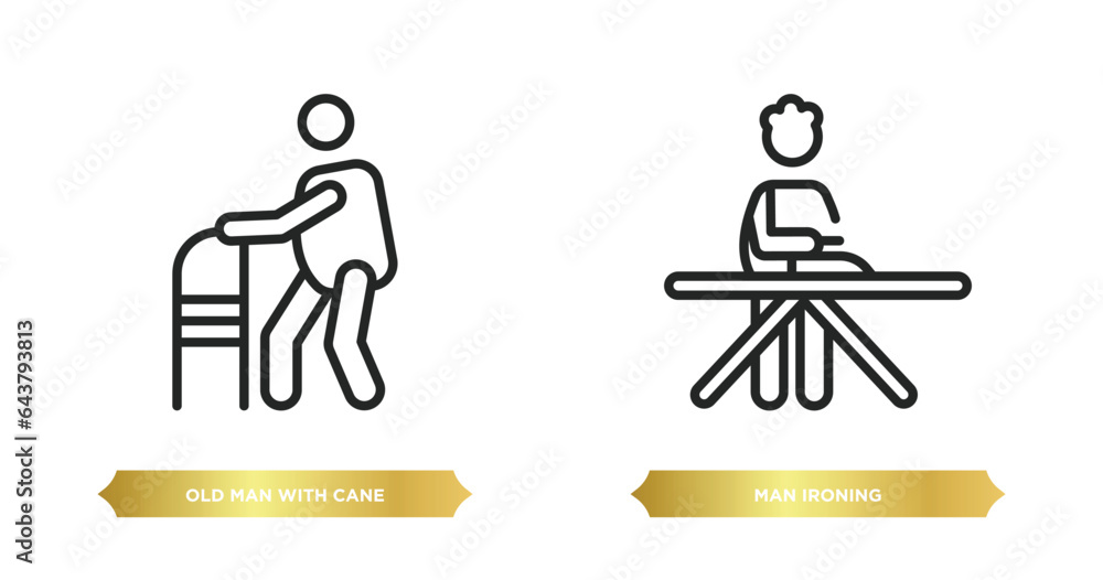 Poster two editable outline icons from behavior concept. thin line icons such as old man with cane, man iro