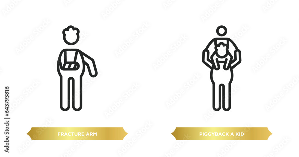 Poster two editable outline icons from behavior concept. thin line icons such as fracture arm, piggyback a 