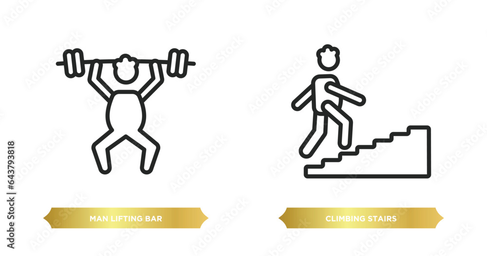 Poster two editable outline icons from behavior concept. thin line icons such as man lifting bar, climbing 
