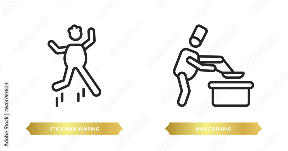 Poster two editable outline icons from behavior concept. thin line icons such as stick man jumping, man coo