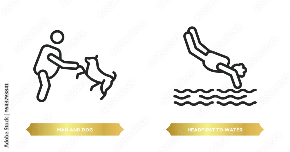 Poster two editable outline icons from behavior concept. thin line icons such as man and dog, headfirst to 