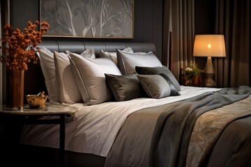 a luxurious hotel bed with high-end bedding