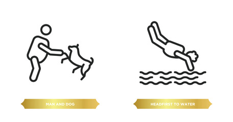 two editable outline icons from behavior concept. thin line icons such as man and dog, headfirst to water vector.