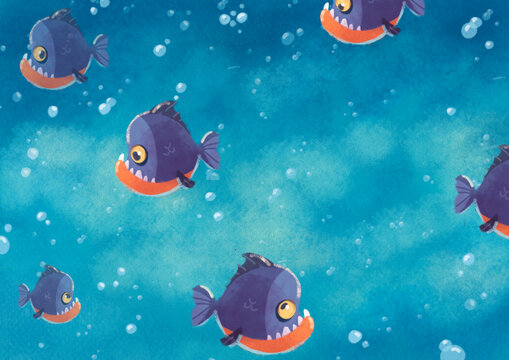 Aquatic background with funny piranhas