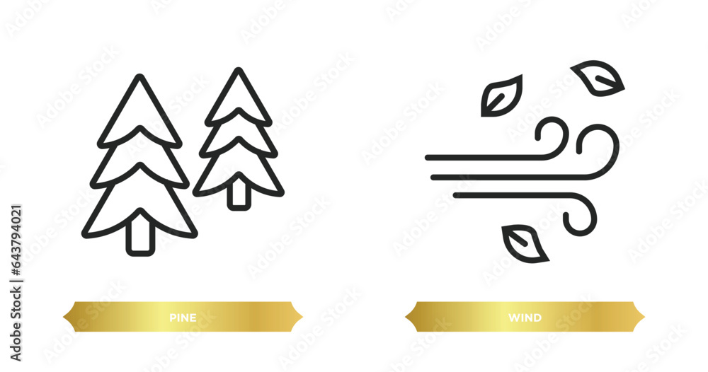 Poster two editable outline icons from autumn concept. thin line icons such as pine, wind vector.