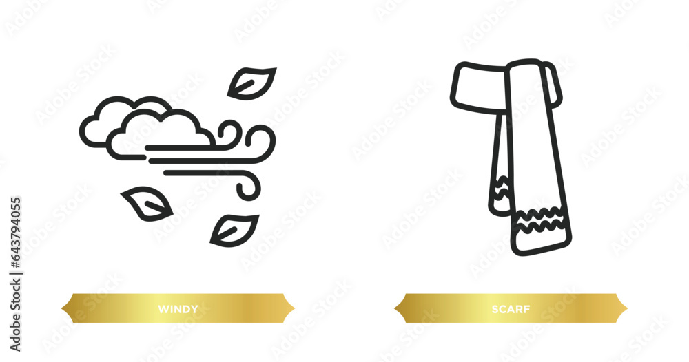 Poster two editable outline icons from autumn concept. thin line icons such as windy, scarf vector.