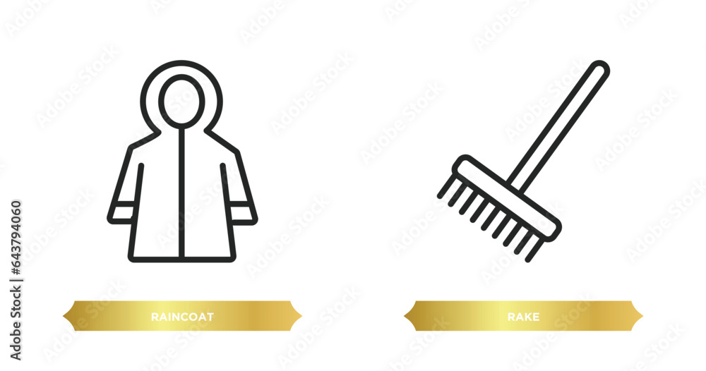 Poster two editable outline icons from autumn concept. thin line icons such as raincoat, rake vector.