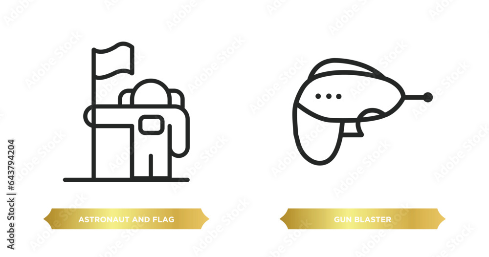 Poster two editable outline icons from astronomy concept. thin line icons such as astronaut and flag, gun b