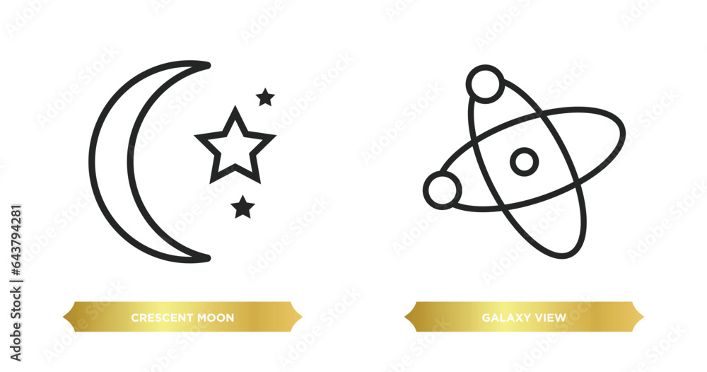 Poster two editable outline icons from astronomy concept. thin line icons such as crescent moon, galaxy vie