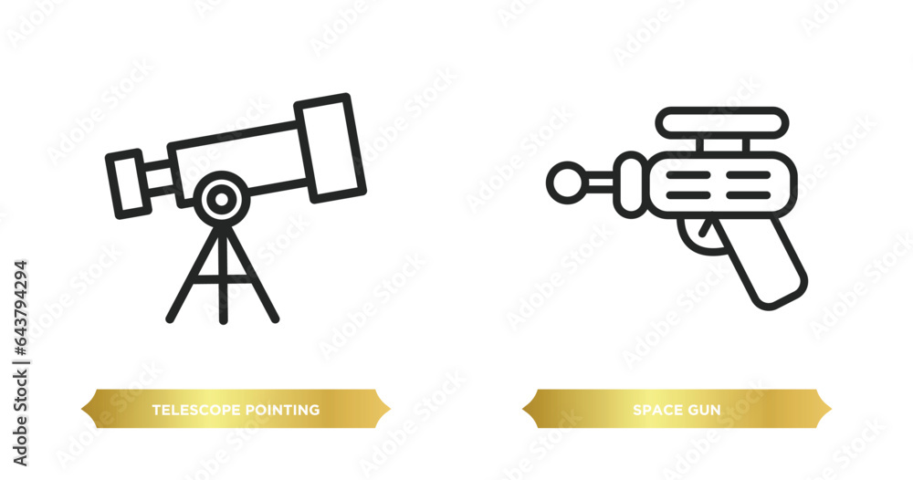 Poster two editable outline icons from astronomy concept. thin line icons such as telescope pointing up, sp
