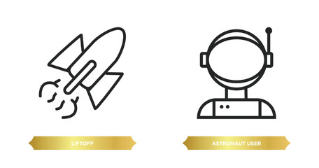 two editable outline icons from astronomy concept. thin line icons such as liftoff, astronaut user vector.