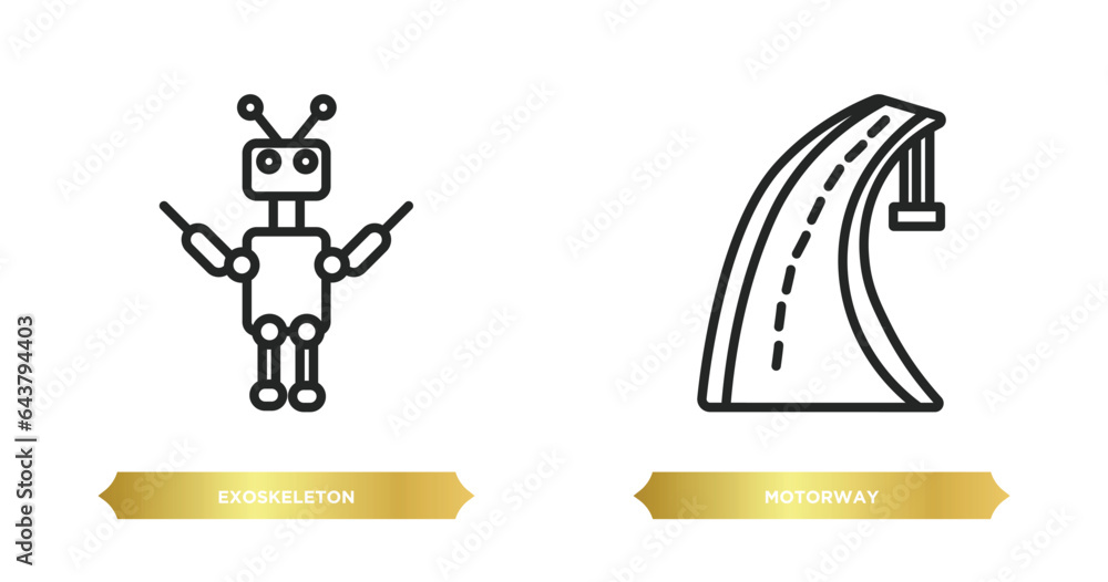 Poster two editable outline icons from artificial intellegence concept. thin line icons such as exoskeleton