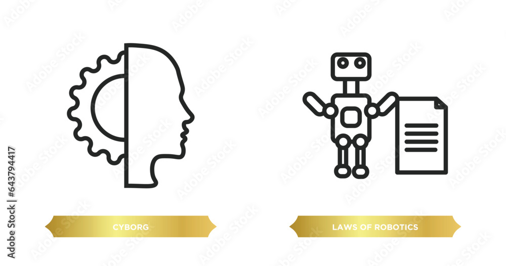 Poster two editable outline icons from artificial intellegence concept. thin line icons such as cyborg, law