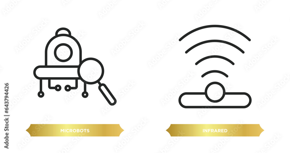 Poster two editable outline icons from artificial intellegence concept. thin line icons such as microbots, 