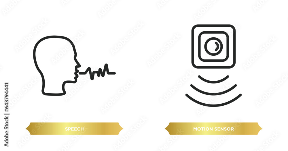 Poster two editable outline icons from artificial intellegence concept. thin line icons such as speech, mot