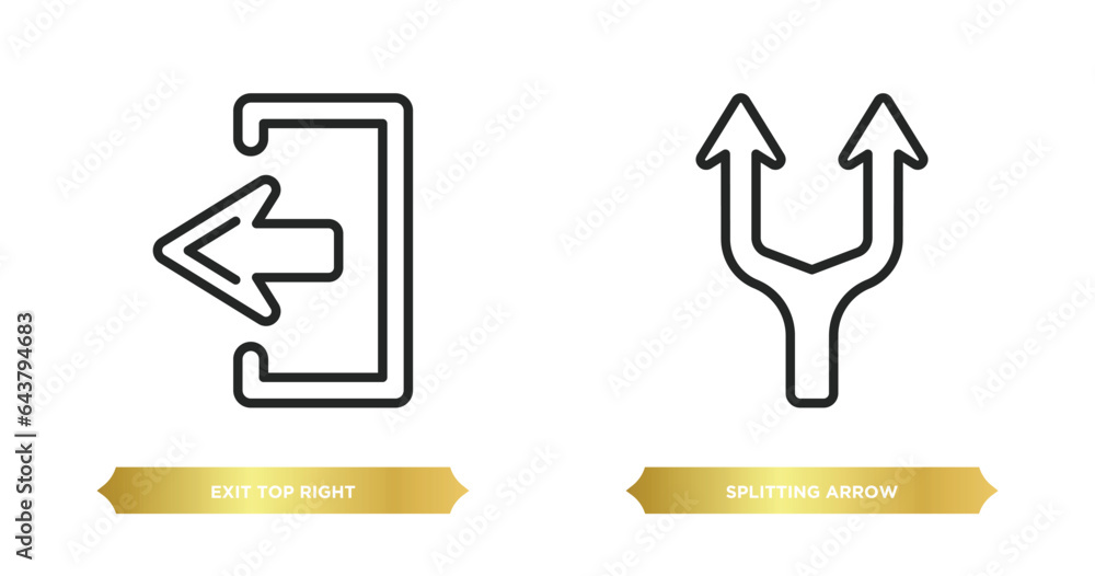 Poster two editable outline icons from arrows concept. thin line icons such as exit top right, splitting ar