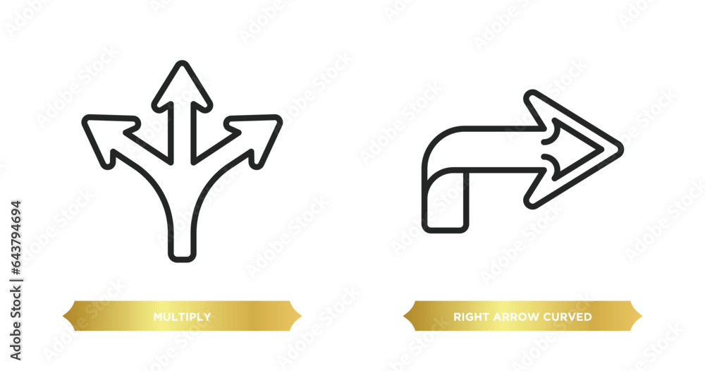 Poster two editable outline icons from arrows concept. thin line icons such as multiply, right arrow curved