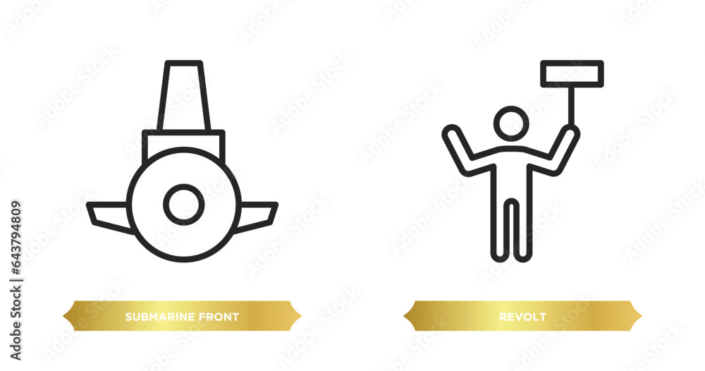 Poster two editable outline icons from army and war concept. thin line icons such as submarine front view, 