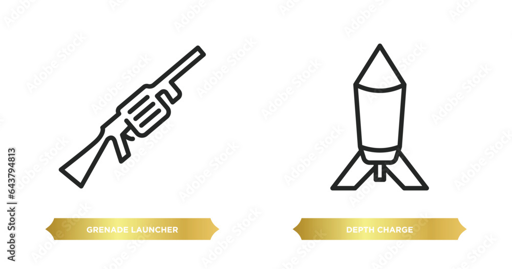 Poster two editable outline icons from army and war concept. thin line icons such as grenade launcher, dept