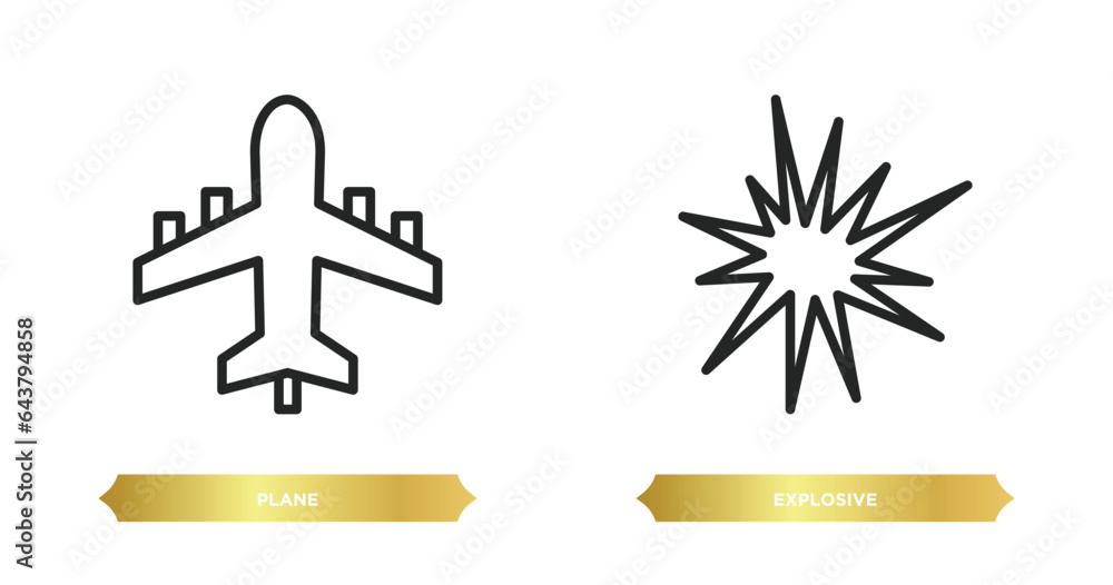 Poster two editable outline icons from army and war concept. thin line icons such as plane, explosive vecto