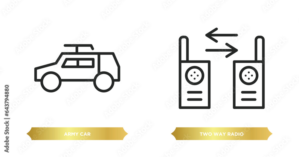 Poster two editable outline icons from army and war concept. thin line icons such as army car, two way radi
