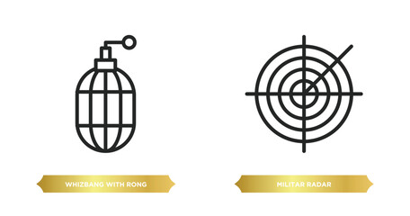 two editable outline icons from army and war concept. thin line icons such as whizbang with rong, militar radar vector.
