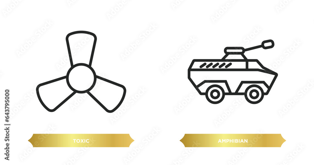 Poster two editable outline icons from army concept. thin line icons such as toxic, amphibian vector.