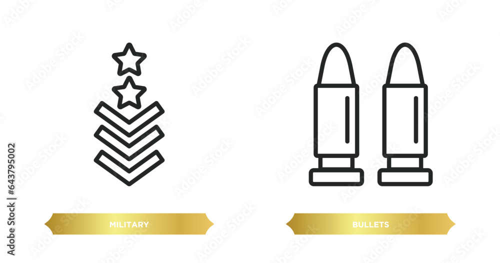 Poster two editable outline icons from army concept. thin line icons such as military, bullets vector.