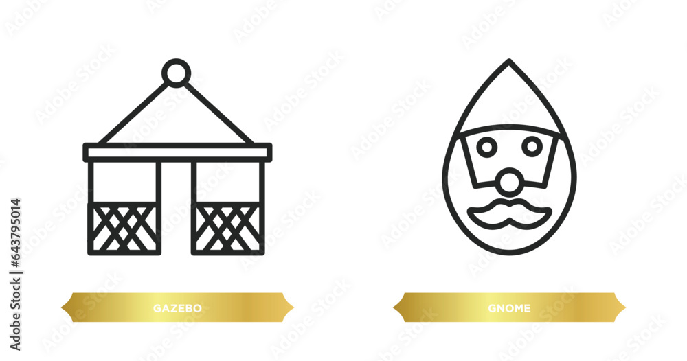 Poster two editable outline icons from architecture and city concept. thin line icons such as gazebo, gnome