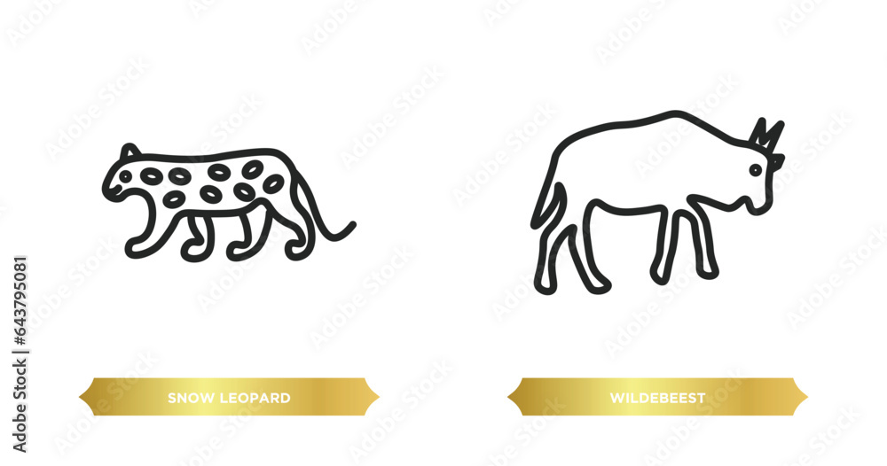 Poster two editable outline icons from animals concept. thin line icons such as snow leopard, wildebeest ve