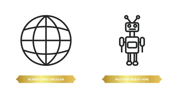 two editable outline icons from army concept. thin line icons such as planet grid circular, military robot hine vector.