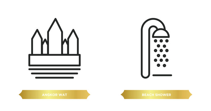 two editable outline icons from architecture and travel concept. thin line icons such as angkor wat, beach shower vector.
