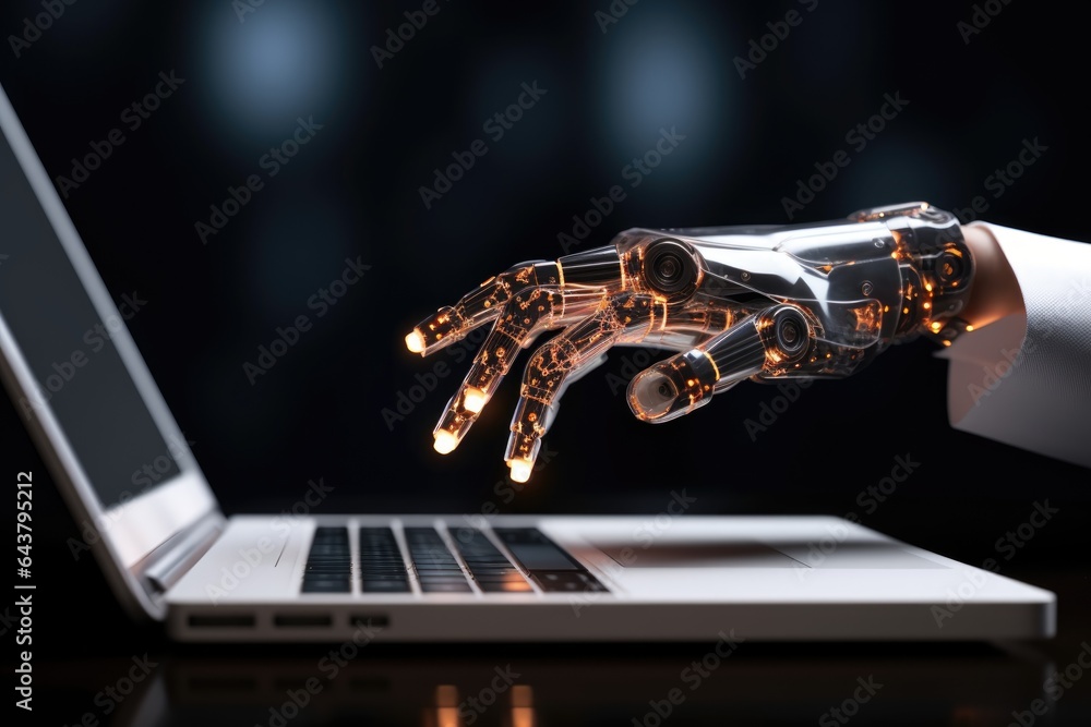Poster the robot hand is typing on the computer. the concept of artificial intelligence replacing a person 