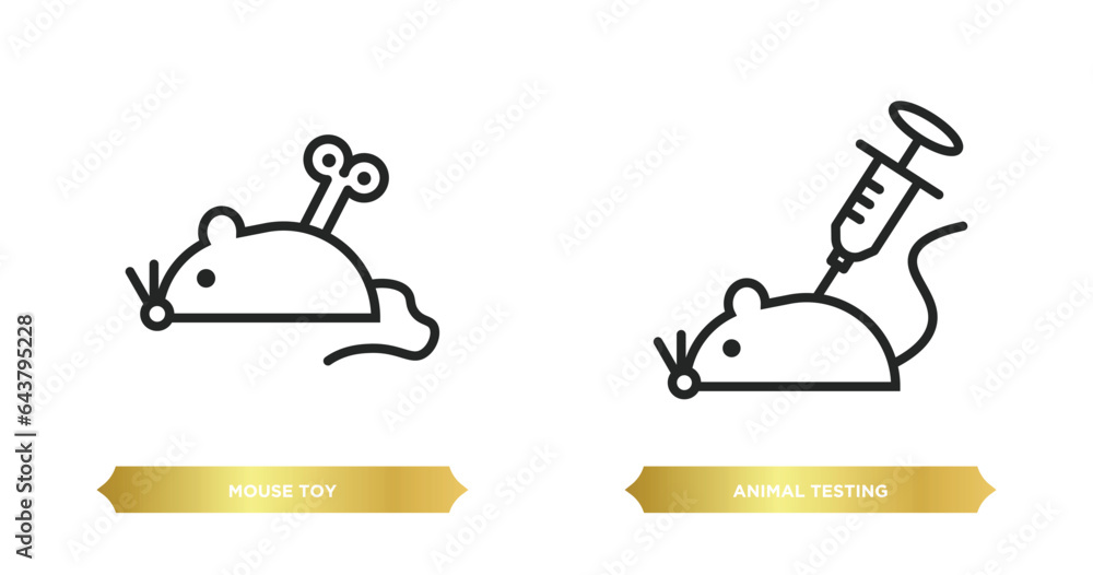 Poster two editable outline icons from animals concept. thin line icons such as mouse toy, animal testing v