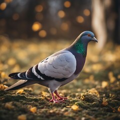 Obraz premium Vibrant Pigeon Perched on a Fruit-Filled Table: A Beautiful Harmony of Nature and Sustenance