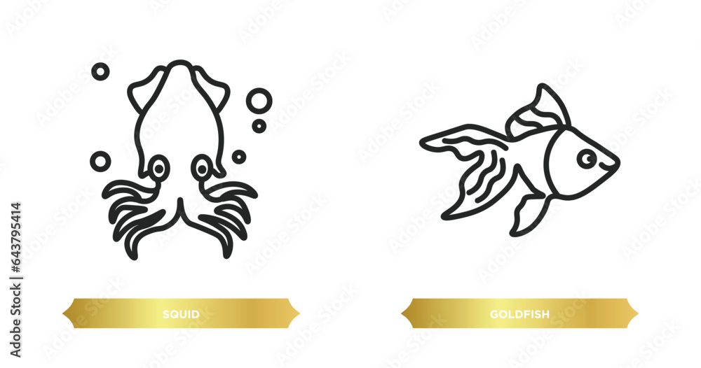 Poster two editable outline icons from animals concept. thin line icons such as squid, goldfish vector.