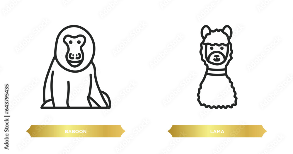 Poster two editable outline icons from animals concept. thin line icons such as baboon, lama vector.