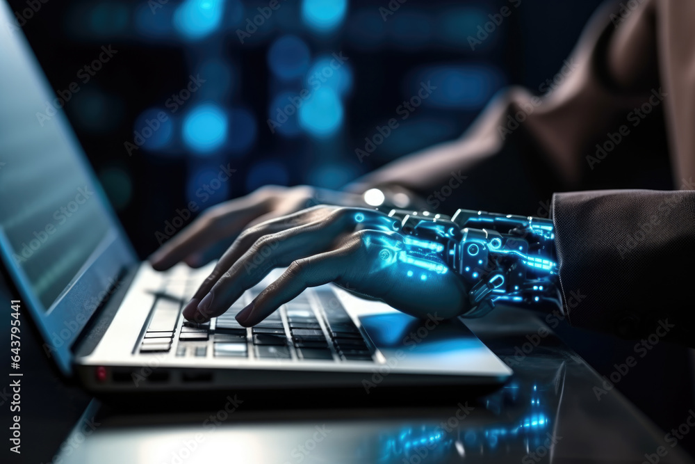 Poster the robot hand is typing on the computer. the concept of artificial intelligence replacing a person 