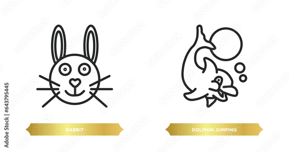 Poster two editable outline icons from animals concept. thin line icons such as rabbit, dolphin jumping vec