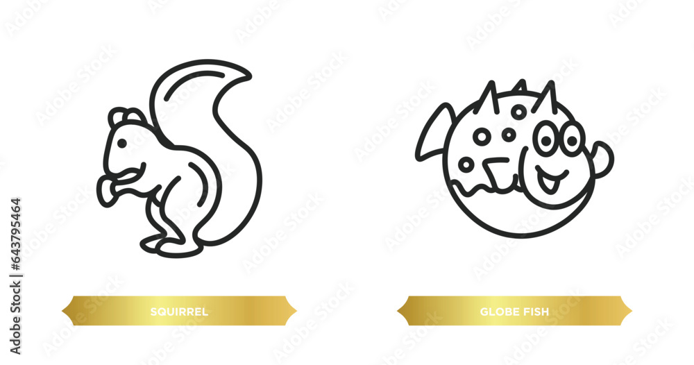 Poster two editable outline icons from animals concept. thin line icons such as squirrel, globe fish vector