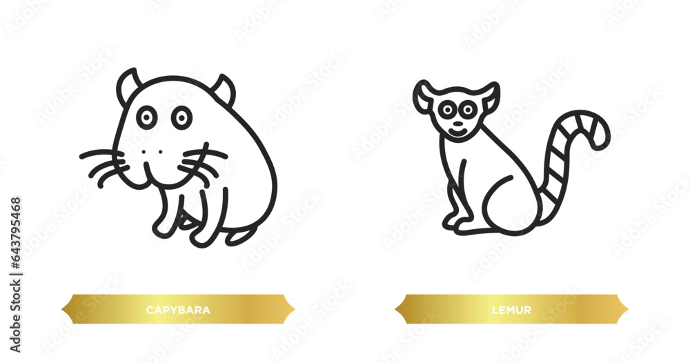 Poster two editable outline icons from animals concept. thin line icons such as capybara, lemur vector.
