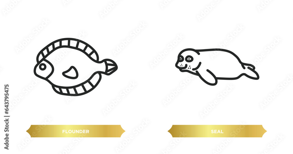 Poster two editable outline icons from animals concept. thin line icons such as flounder, seal vector.