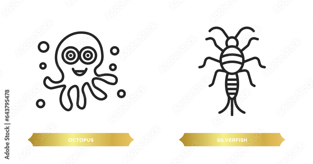 Poster two editable outline icons from animals concept. thin line icons such as octopus, silverfish vector.