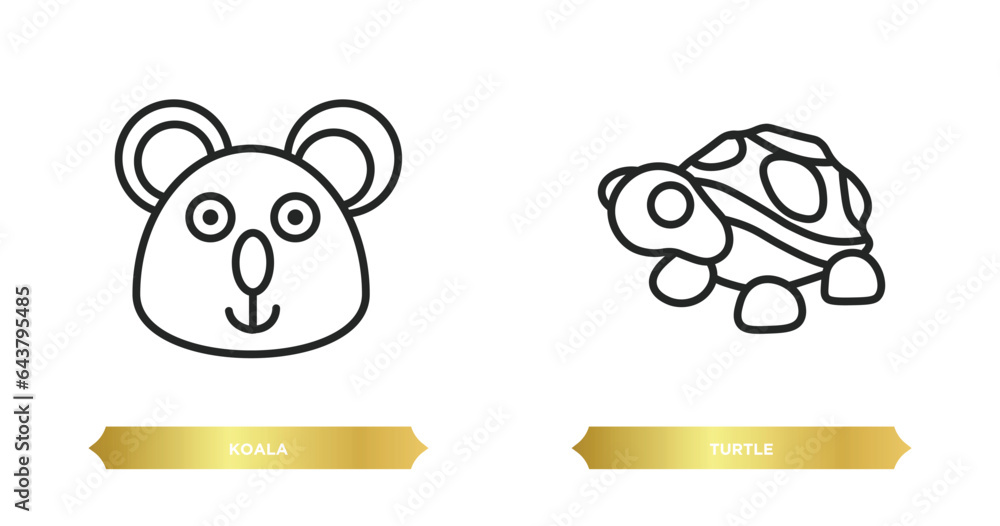 Poster two editable outline icons from animals concept. thin line icons such as koala, turtle vector.