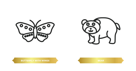 two editable outline icons from animals concept. thin line icons such as butterfly with wings, bear vector.